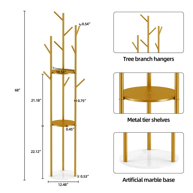 Heavy Duty Marble Coat Rack Stand Gold Metal Tall Clothes Rail Hanger for Bedroom Office Hall