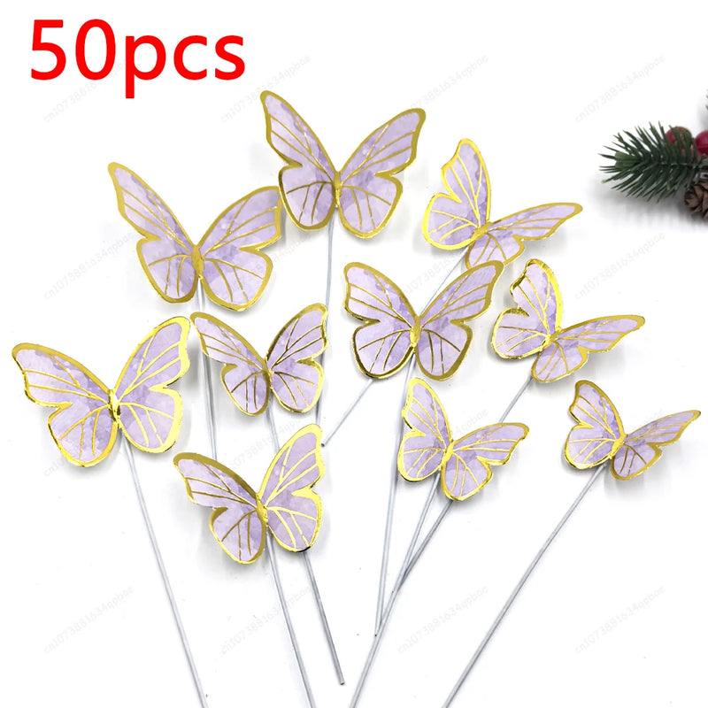 50pcs Butterfly Cake Decoration Gold Pink Butterfly Cake Toppers Birthday Wedding Anniversary Shower Baking Toppers