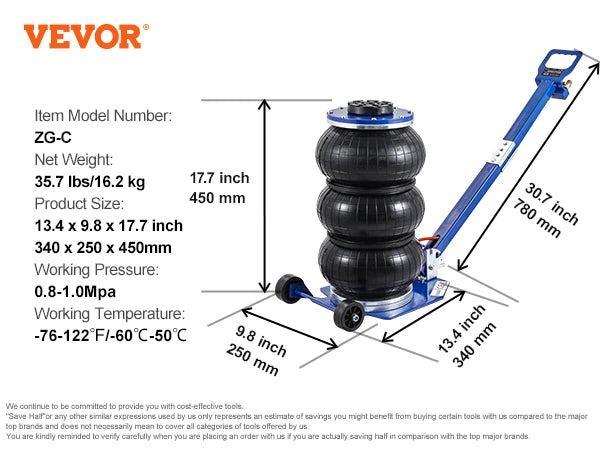 SucceBuy Pneumatic Jack 3 Ton/5 Ton Triple Bag Air Jack Quick Lift Heavy Duty Car Repair Jacks Folding Rod Jacks with Two Wheels