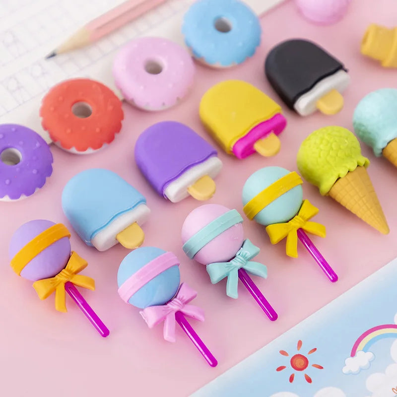 4pcs Yummy Icecream Erasers Set Mini Lollipop Dessert Popsicle Donuts Rubber Pencil Eraser for Kids Gift School Student Award