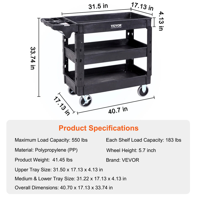 SucceBuy 2/3 Shelf Utility Service Cart Dolly with 360° Swivel Wheels Ergonomic Storage Handle for Warehouse/Garage/Cleaning
