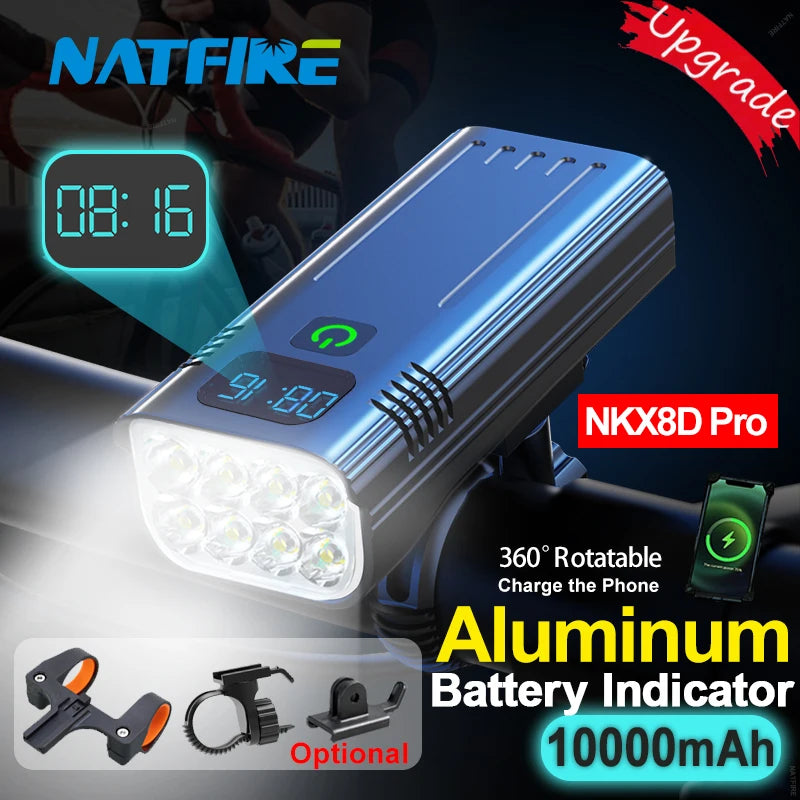 NATFIRE 10000mAh Bicycle Light Digital Battery Indicator USB Rechargeable Bike Light Set with 3 Holders 7000LM 8 LED Flashlight
