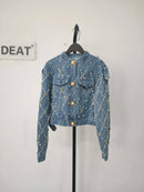 DEAT Women's Denim Jacket O-neck Embroidered Flares Diamond Pearls Buttons Plaid Elegant Coat 2025 Summer New Fashion 29L6353