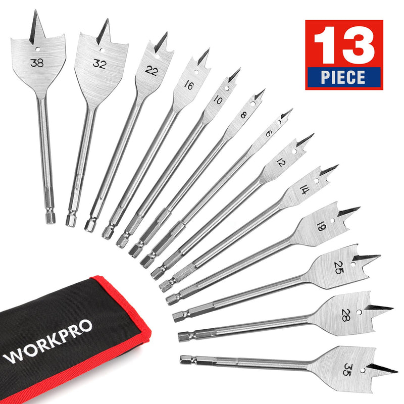 WORKPRO 13-Piece Spade Drill Bit Set in Metric Paddle Flat Bits for Woodworking,Nylon Storage Pouch Included