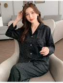 Women's 2 Piece Pajamas Sets Leopard Black Pijama Faux Silk Satin Lapel Pyjama Female Sleepwear LongSleeve Shirt Pants Homewear