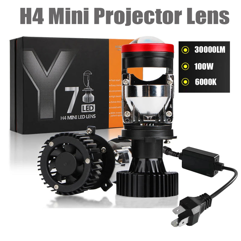 100W Y7d H4 LED Headlights Car H4 Mini Projector Lens 6000K 30000LM Hi/Low Beam Super Bright Fanless Auto LED Car Lights LHD RHD