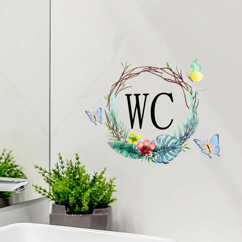 Flowers Butterfly WC Wall Sticker for Bathroom Decoration Vinyl Home Decals Waterproof Poster Door Stickers Toilet Sign