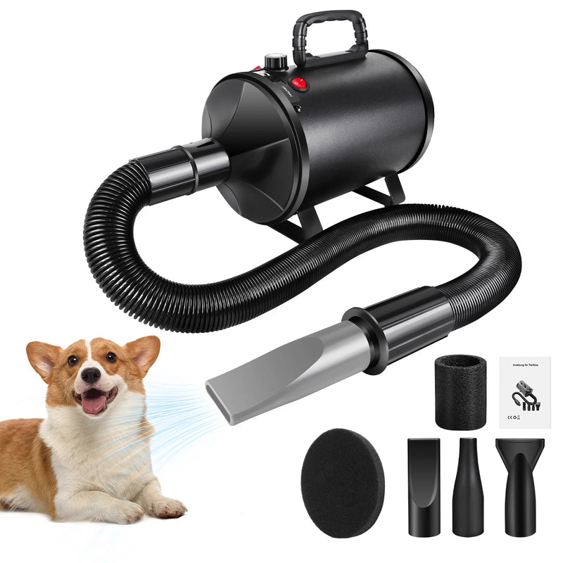 2800W Dog Blow Dryer Adjustable Speed Temperature Control with 3 Nozzles, Extendable Hose for Pet Hair Grooming, Vehicle Dryer