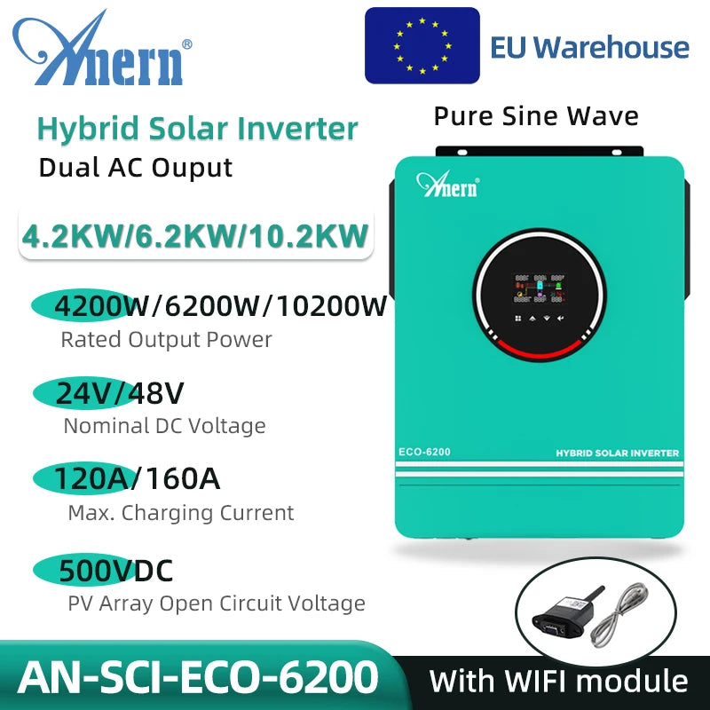 Anern 6.2KW 4.2KW 8.2KW 10.2KW Hybrid Solar Inverter 48V 24V On Grid/Off Grid Solar Inversor MPPT 120A Charger For Max PV 500V