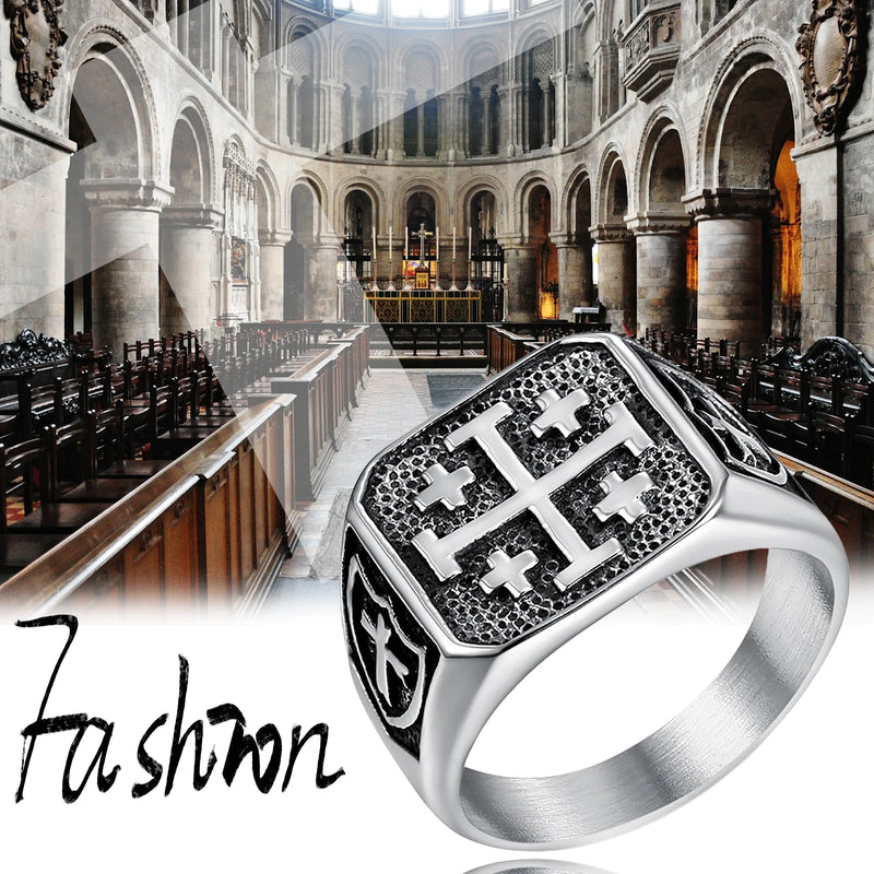 BONISKISS Men's Cross Ring Retro Jerusalem stainless steel signet ring Religious ring Father's Day Baptism Easter Holiday gift