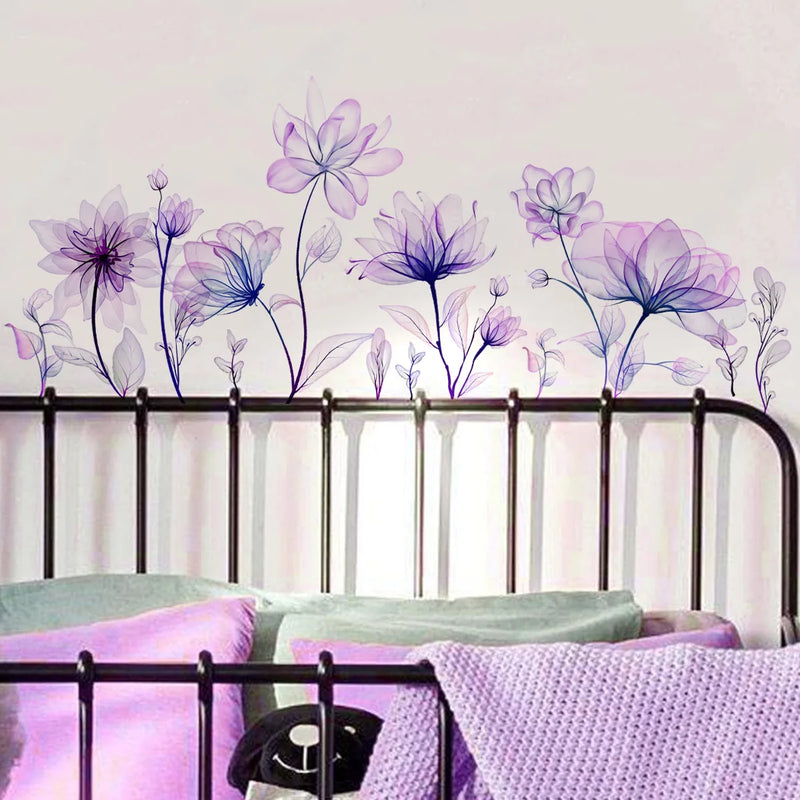 Beautiful Purple Flower Wall Stickers for Living Room Bedroom Decoration Girls Room Background Wall Decals Wallpaper PVC Murals