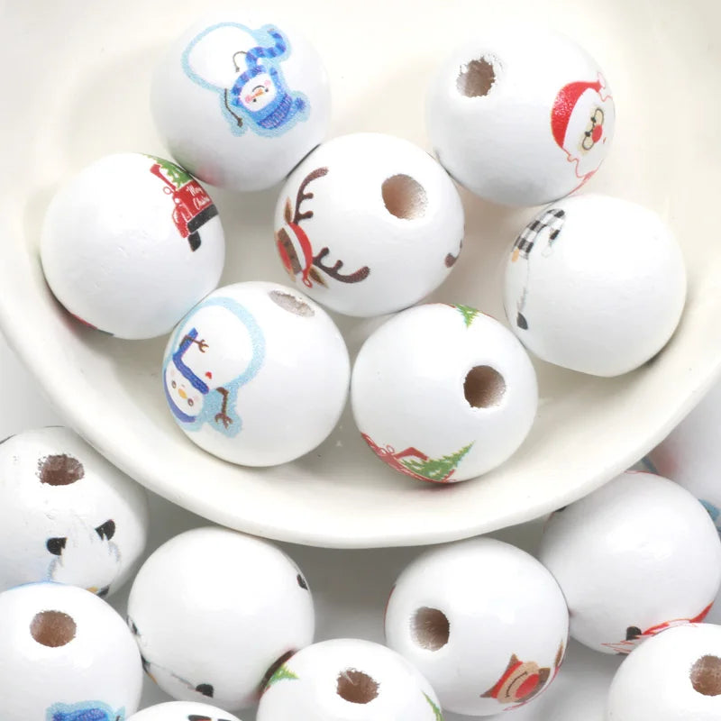 10pcs 16mm Round Christmas Wooden Beads Cartoon Wood Spacer Beads For Jewelry Making Diy Christmas Party Decor Handicrafts