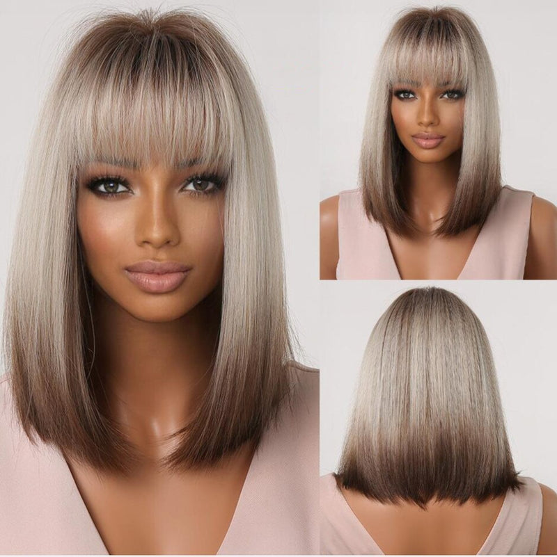 LOUIS FERRE Ombre Blonde Synthetic Wig with Bangs for Women Medium Length Layered Straight Bob Wigs Heat Resistant Daily Use Wig