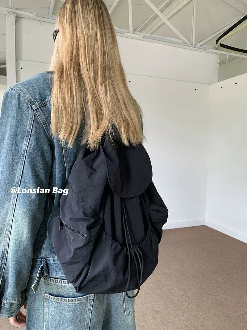 Nylon Flap Ruched Backpack for Women Aesthetic Pleated Commuter Travel Shopping Female Backpack Casual School Girl Bag