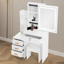 Dressing Table with LED Lights and Adjustable Brightness, Vanity Desk with Mirror, 4 Drawers, 6 Hidden Shelves, and Stool