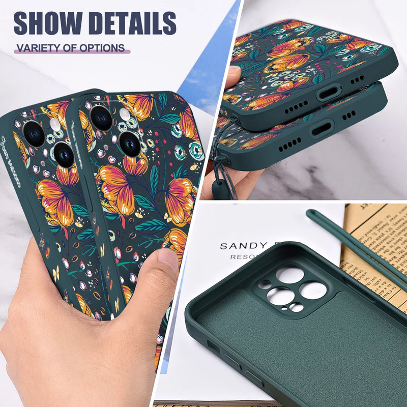 Flowers Leaves Case For Xiaomi 13 Lite 13T Pro 5G Mi 11T Pro Mi 11 Lite 5G Comfortable Silicone Cover with Lanyard