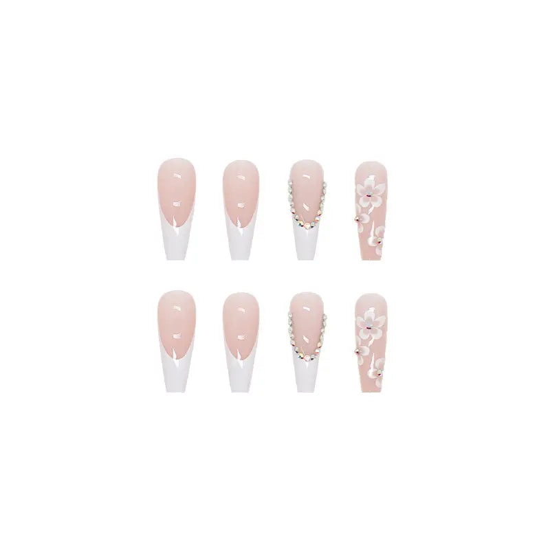 24pcs False Nails With Glue Flower Design Long Coffin French Ballerina Fake Nails Full Cover Acrylic Nail Tips Press On Nails
