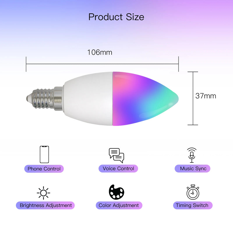 MOES WiFi Smart LEDLight Bulb E14 Candle Lamp 16Million RGBCCT 2700-6500K Dimmable Candelabra Light Tuya Alexa Google 90-250V 6W