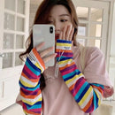 HOT Women Soft Cotton Stripe Loose Arm Protection Sunscreen Ice Silk Gloves Driving UV Protection Ice Sleeves Summer Cool Sleeve