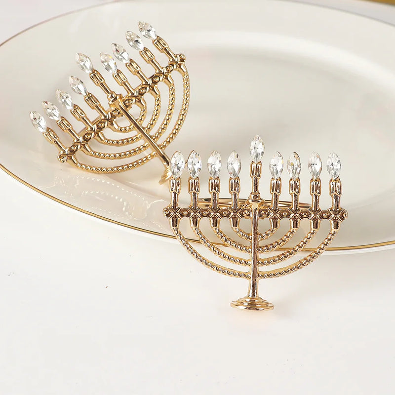 1/2Pcs Jewish Hanukkah Candlestick Gold Napkin Ring Serviette Buckles for Dining Table Chanukah Festival Wedding Party Decoratio