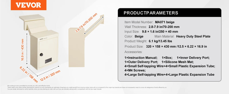 SucceBuy Through The Wall Drop Box, Heavy Duty Steel Through the Wall Mailbox with 2.8-7.9" 13" Combination Lock, Mail Drop Box