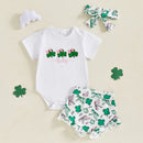St Patrick s Day Toddler Girls Green Dress Set with Clover Embroidered Bodysuit Ruffle Shorts and Matching Headband