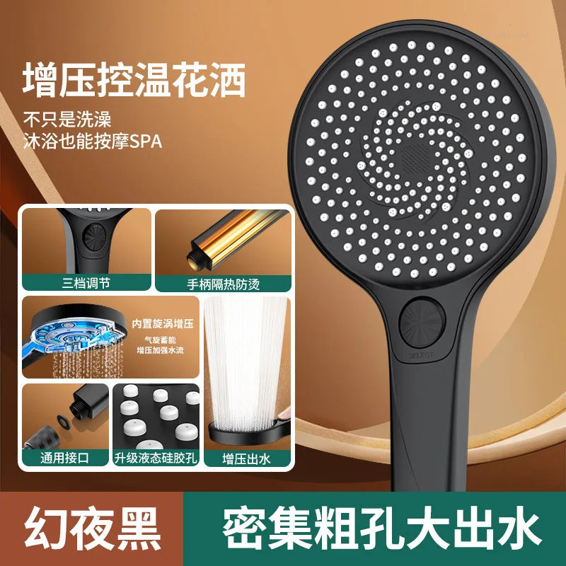 New High Pressure Big 135mm Panel Shower Head Black 3 Modes Water Saving Spray Large Outlet Nozzle Massage Rainfall Bath Shower