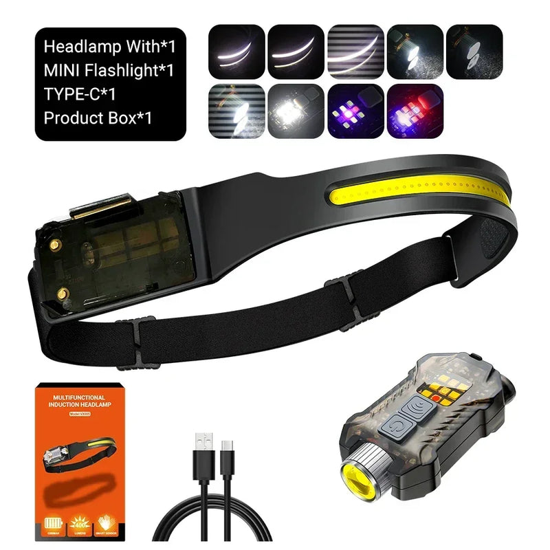 COB LED Sensor Headlamp USB Rechargeable Flashlight Built-in 1200 MAh Battery  5 Lighting Modes Torch Outdoor Camping Lantern