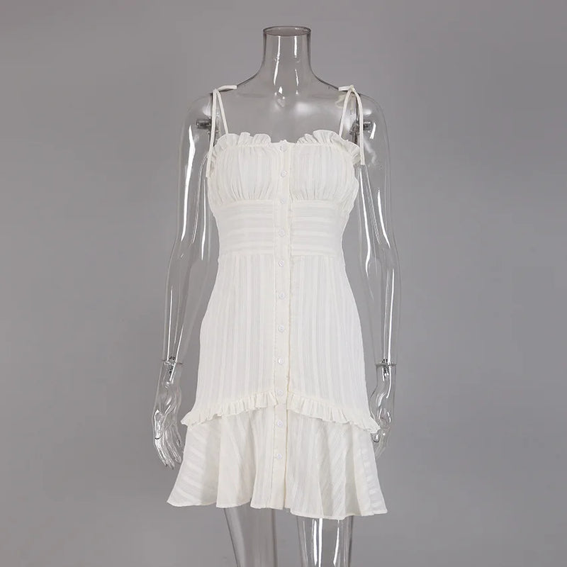 Soolasea 2024 New Elegant Summer Women Spaghetti Strap White Dress Cotton A-line Ruffles Mini Dress Strapless Female Party Dress