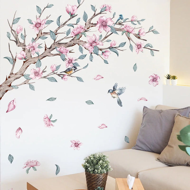 Fresh Branches Wall Sticker Butterflies Birds Wallpaper Pink Flowers Wall Sticker Living Room Bedroom Home Decor Decals Murals