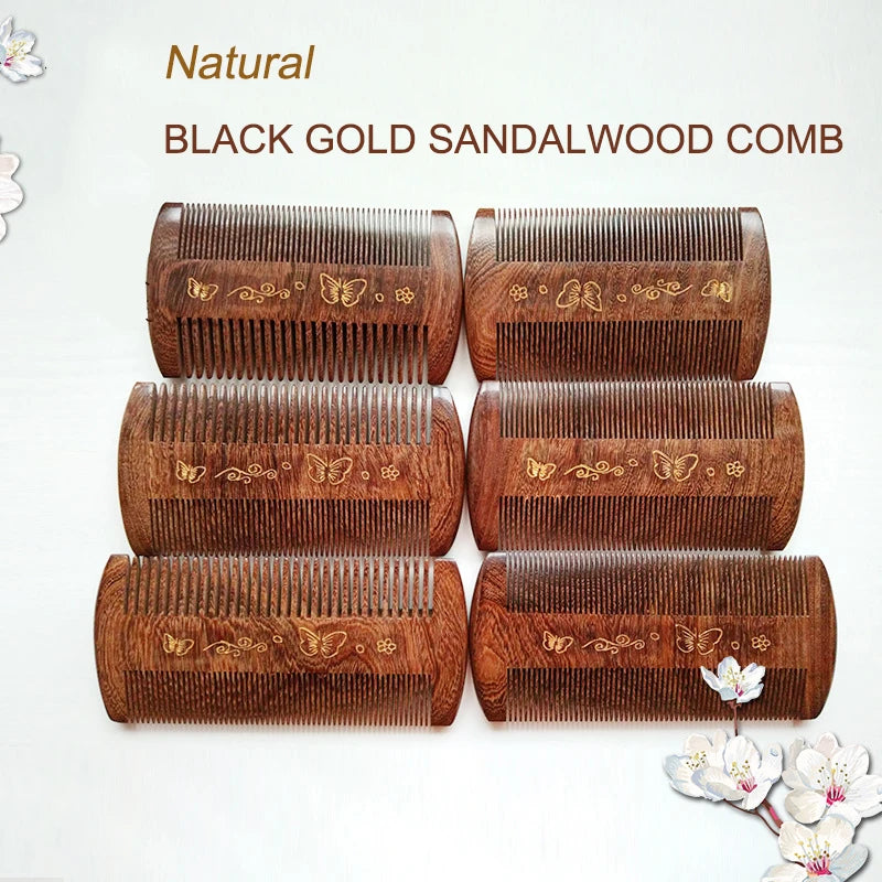 Black Gold Sandalwood Beard Comb Green Sandalwood Comb Grate Double-sided Engraving & Carving Craft Natural Portable Small Comb