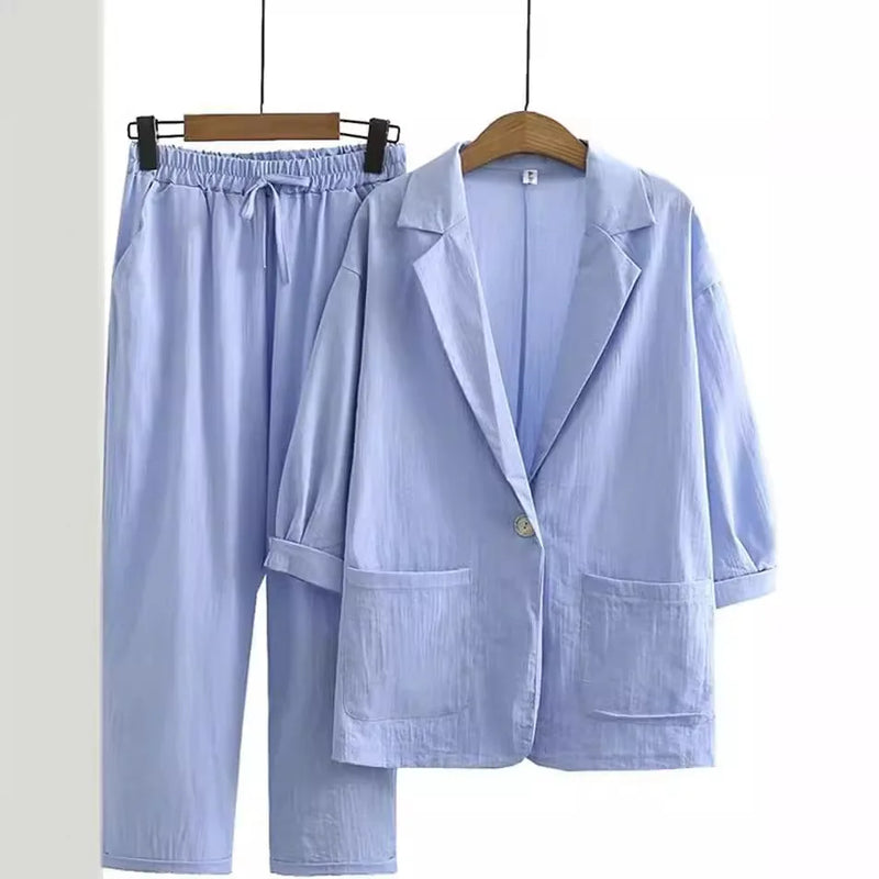 New European and American women's autumn commuting suit set, cotton and linen jacket pants, loose and fashionable casual wear