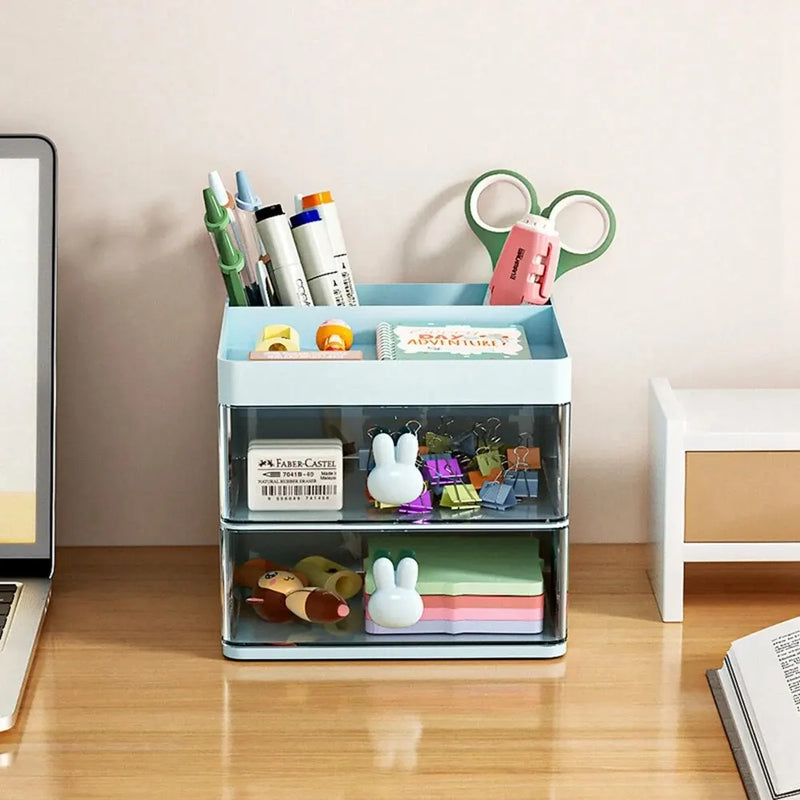1PCS 2-laye Creative Pen Holder Transparent Drawer Rabbit Storage Box Children Girls Student Office Bedroom Desktop