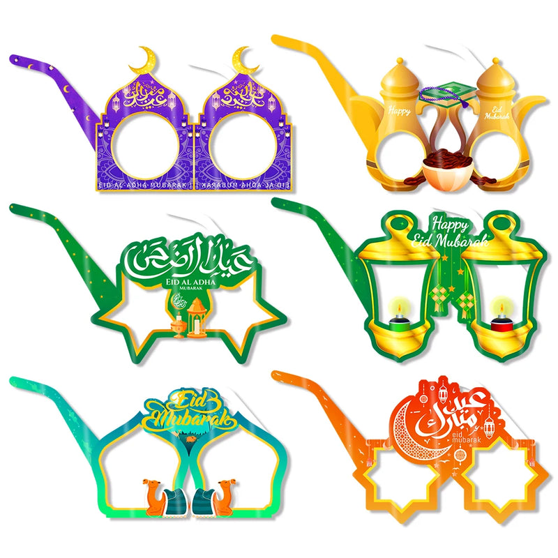 12/6pcs EID Mubarak Decoration Paper Glasses Frame Ramadan Islamic Muslim Photo Booth Props Kids Gift Eid Al Adha Party Supplies