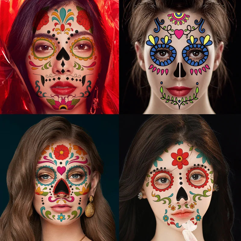 1Sheet Waterproof Sweatproof Day of the Dead Masquerade Spooky Makeup Temporary Stickers Halloween Face Tattoo Stickers