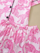 Casual pink leopard print pajama set for women lapel short-sleeved top and baggy shorts loungewear for women