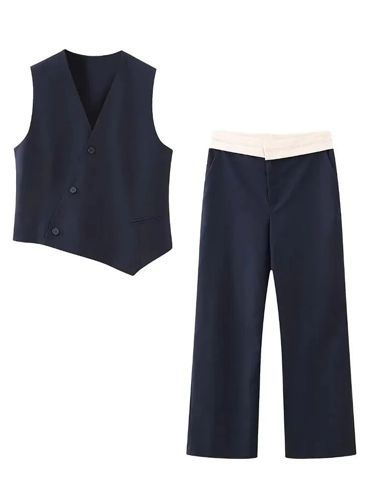 HH TRAF Female V-neck Waistcoat Pants Suit Asymmetric Sleeveless Single Breasted Vest Casual High Waist Straight Leg Loose Pants