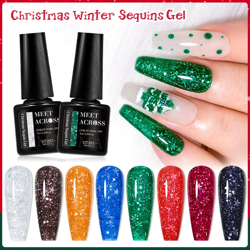 MEET ACROSS 7ml Christmas Seris Gel Nail Polish Winter Green Red Sequins Gel Polish For Manicure Uv Led Gel Varnish Nail Art