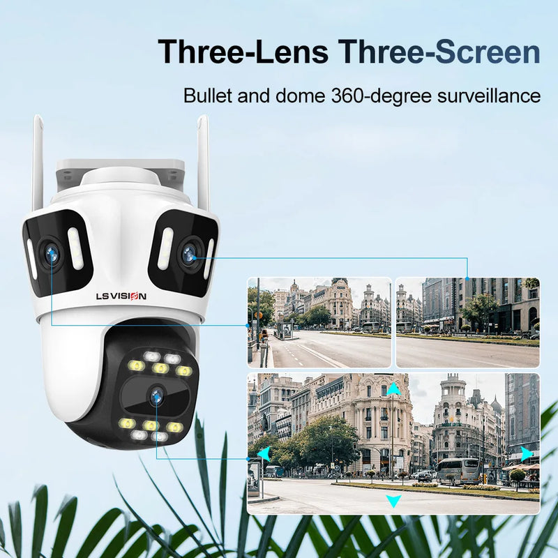 LS VISION Three Screen 6K HD Wifi Security Camera Outdoor 3 Lens PTZ IP Camera Smart  Auto Tracking CCTV Surveillance Cameras