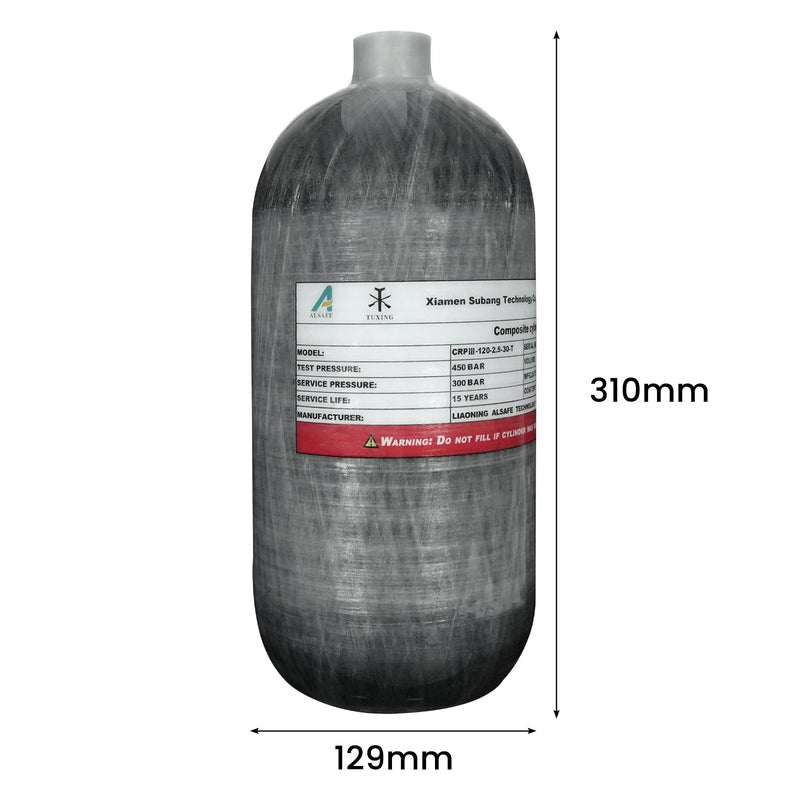 TUXING 4500PSI 300Bar 2.5L Carbon Fiber Cylinder High Pressure Diving Tank HPA Bottle for Scuba Diving Thread M18*1.5