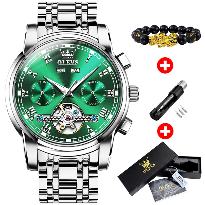 OLEVS Mechanical Men Watches Automatic Stainless Steel Waterproof Date Week Green Fashion Classic Wrist Watches 6607