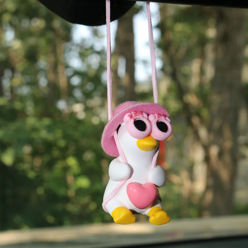 Anime Pink Swing Duck Car Decoration Pendant Cute Auto Rearview Mirror Hanging Ornament For Women Car Ineriror Accessories