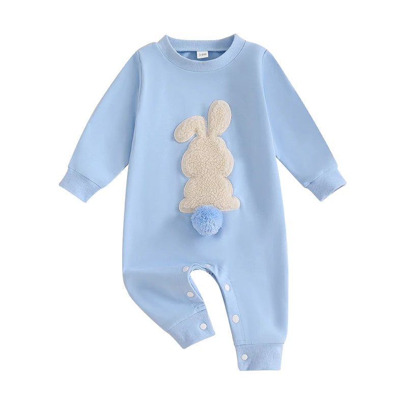 Lioraitiin Baby Girls Boys Easter Rompers Plush Bunny Embroidery Fur Ball Design Crew Neck Long Sleeve Spring Infant Jumpsuit