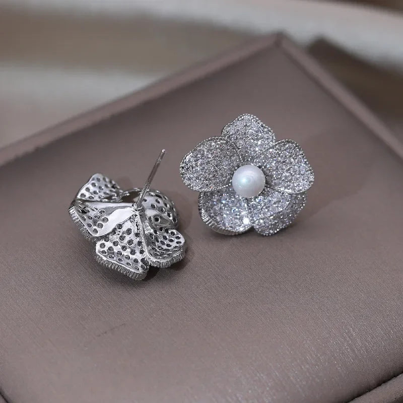 Korea New Design Fashion Jewelry Delicate Copper Set Zircon Silver Color Flower Pearl Earrings Elegant Women's Party Accessories