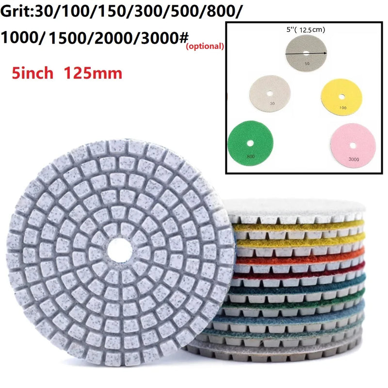 5 Inch 125mm Diamond Polishing Pad Kit Wet/Dry For Granite Stone Concrete Marble Polishing Use Grinding Discs Polishing Tools