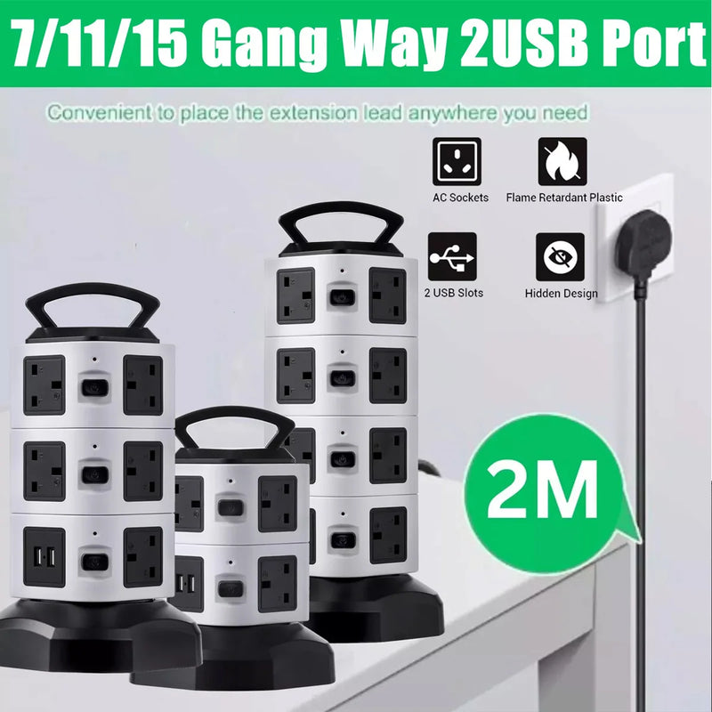 7/11/15 Ways Tower Socket Surge Protector Vertical Power Strip UK Plug Multi Outlets with 2 USB 2m Extension For Home Office