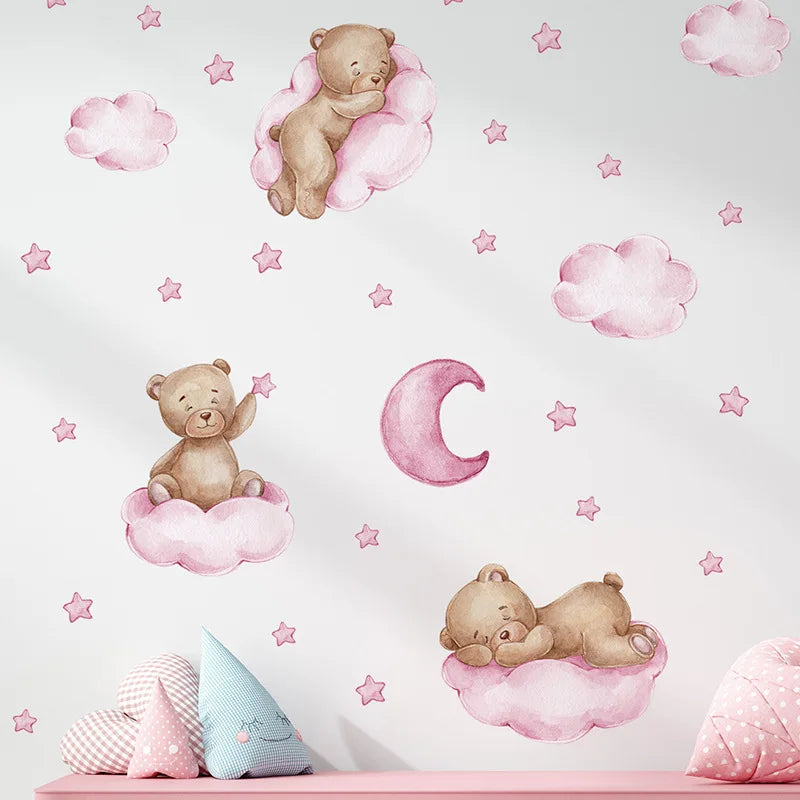 3 Colors Cartoon Bear Clouds Moon Wall Stickers for Kids Baby Room Nursery Decor Wallpaper Boys Girls Bedroom Wall Decals