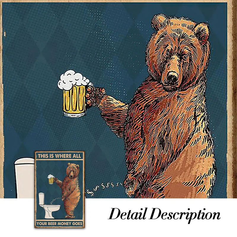 Retro Funny Wall Art Poster Prints Bear Drinking Beer in The Toilet Canvas Painting Picture For Room Home Decoration