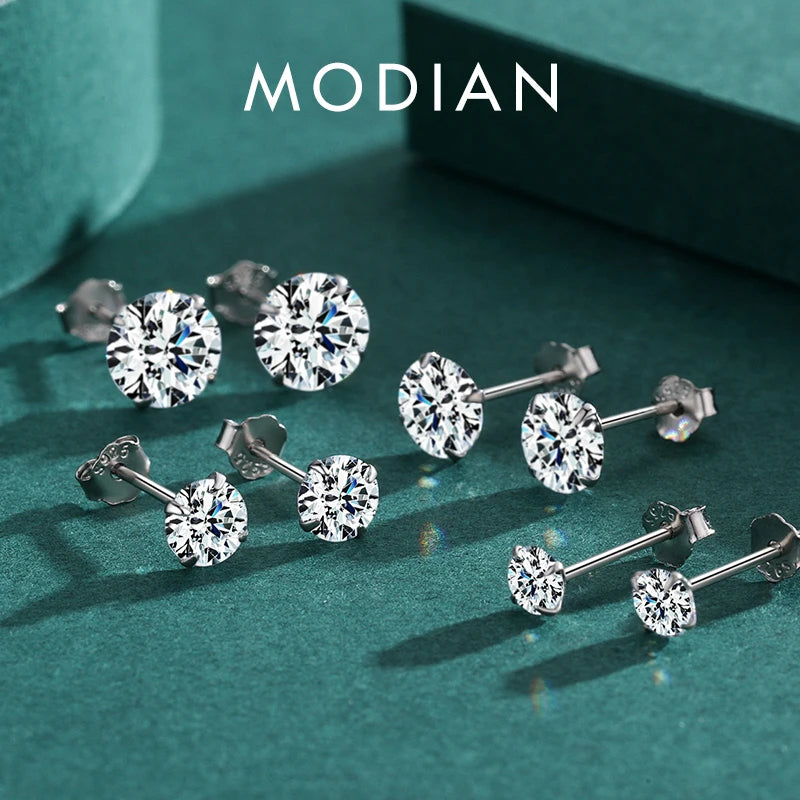 Modian Sparkling Clear CZ Stud Earrings 925 Sterling Silver Round Zirconia 4MM 5MM 6MM 7MM Earrings For Women Wedding Jewelry