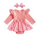 Adorable Toddler Girls Heart Print Romper Dress with Ruffles Long Sleeves and Matching Headband for Valentine s Day